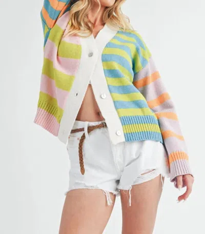 AEMI + CO PASTEL V NECK BUTTON CLOSURE CARDIGAN IN MULTI COLOR STRIPED