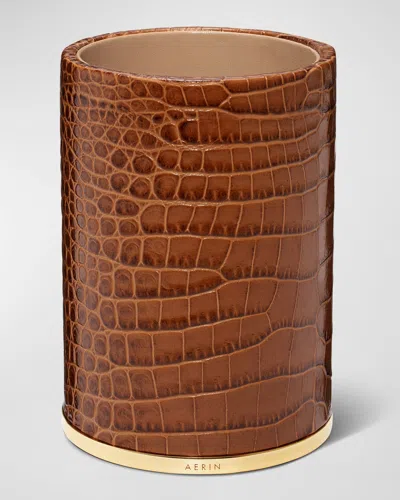 Aerin Classic Croc-embossed Leather Pencil Cup In Chestnut