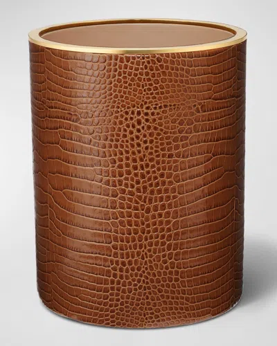 Aerin Classic Croc-embossed Leather Wastebasket In Chestnut