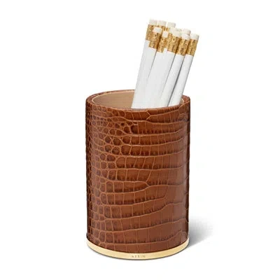 Aerin Classic Croc Leather Leather / Faux Leather Pen Holder In Tan