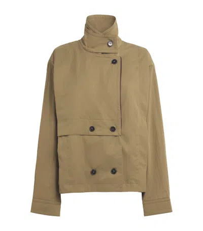 Aeron Leather-trim Coral Trench Jacket In Green