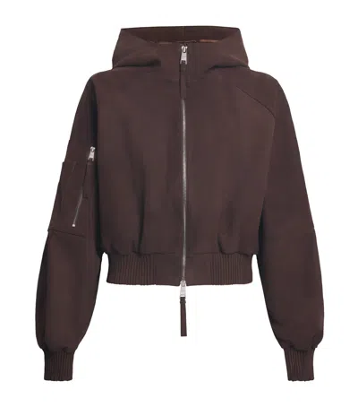 Aeron Suede Hooded Berry Bomber Jacket In Brown
