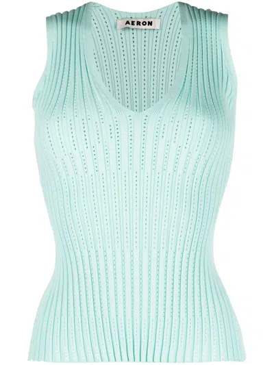 Aeron V-neck Ribbed-knit Top In Blau