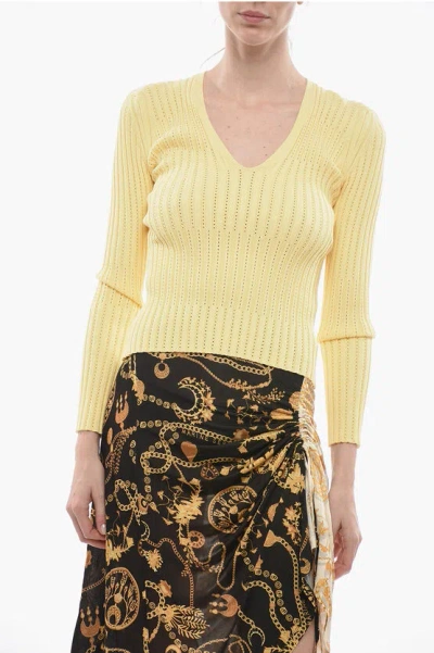 Aeron V-neck Stretch Fabric Ribbed Shara Sweater In Yellow