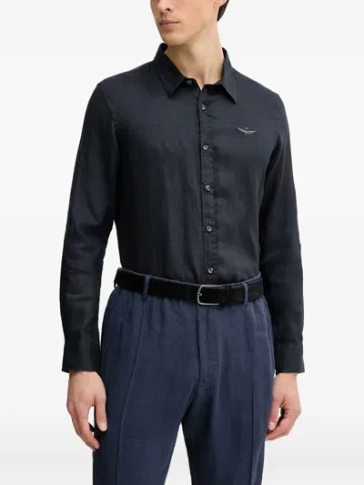 Aeronautica Militare Embroidered Linen Shirt In Black