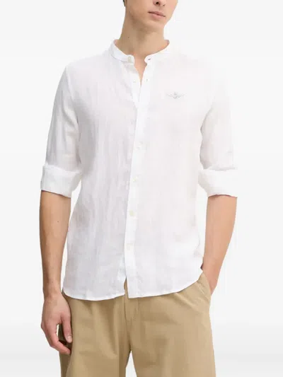 Aeronautica Militare Embroidered Mandarin-collar Linen Shirt In White