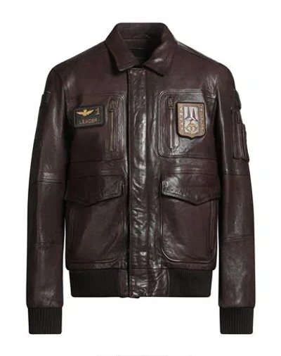 Aeronautica Militare Frecce Tricolori Man Jacket Chocolate Brown Size 50 Ovine Leather, Wool, Acryli