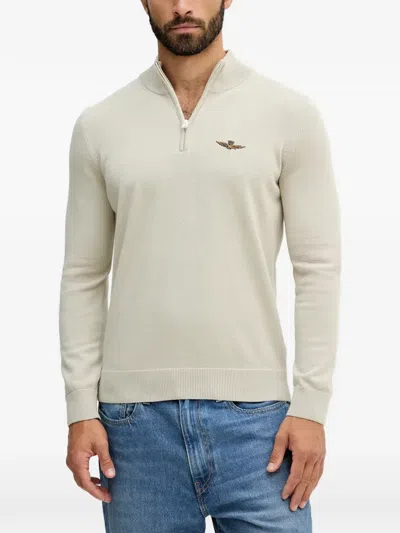 Aeronautica Militare Zip Embroidery Sweater In Gray