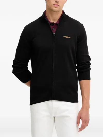 Aeronautica Militare Zip-up Embroidered Cardigan In Black