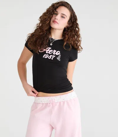 Aéropostale 1987 Butterfly Appliqué Graphic Tee In Black