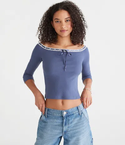 Aéropostale 3/4 Sleeve Ribbon Off-the-shoulder Tee In Blue