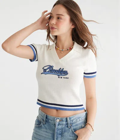 Aéropostale Brooklyn Cropped Graphic Sweater Polo In White