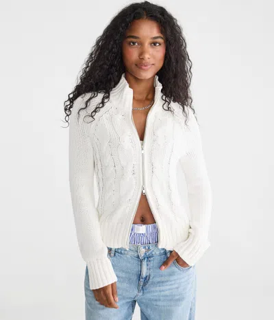 Aéropostale Cable Mock-neck Full-zip Cardigan In White