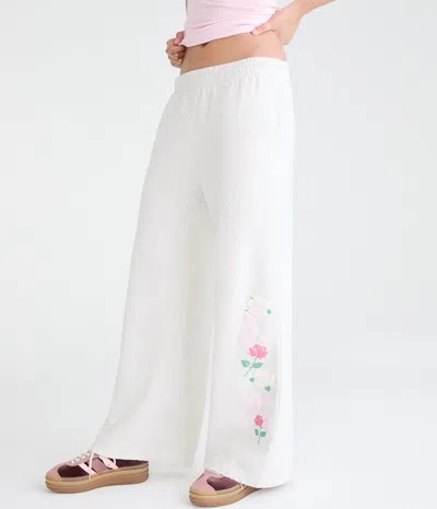 Aéropostale Cloud Soft Rose Bow Mid-rise Wide Leg Sweatpants In White