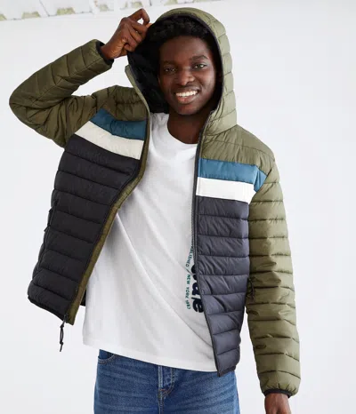 Aéropostale Colorblock Hooded Midweight Puffer Jacket In Multi