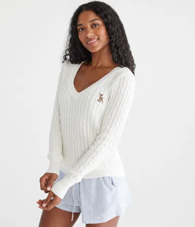 Aéropostale Deer Cable V-neck Sweater In White