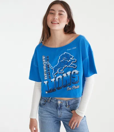Aéropostale Detroit Lions Cropped Off-the-shoulder Graphic Tee In Blue
