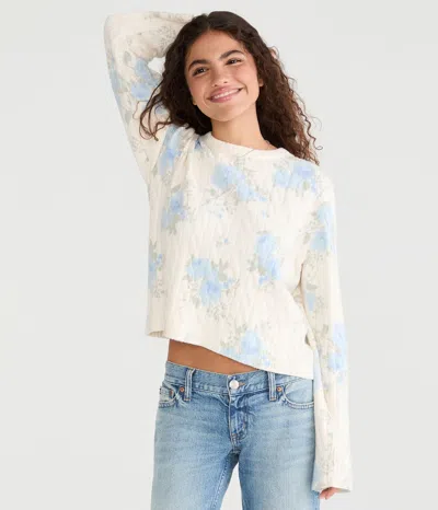 Aéropostale Floral Cable Knit Crew Sweater In White