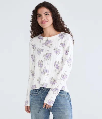 Aéropostale Floral Cable Knit Crew Sweater In White