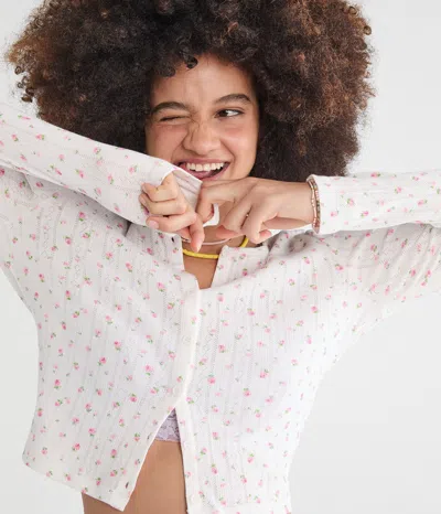Aéropostale Floral Cropped Pointelle Cardigan In White