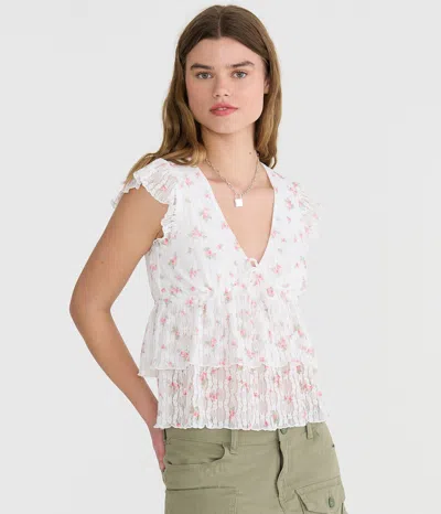 Aéropostale Floral Lace Flutter Sleeve V-neck Top In Multi