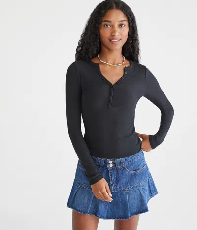Aéropostale Long Sleeve Buttery Soft V-neck Henley In Black