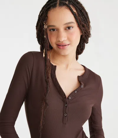 Aéropostale Long Sleeve Buttery Soft V-neck Henley In Brown