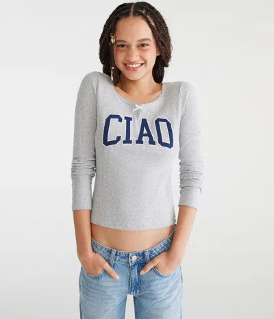 Aéropostale Long Sleeve Ciao Graphic Baby Tee In Gray