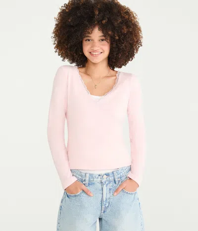 Aéropostale Long Sleeve Crossover Lace V-neck Tee In Pink