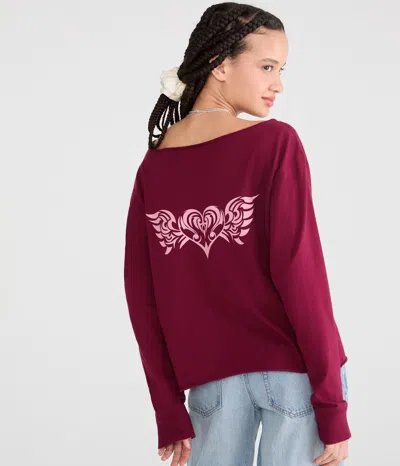 Aéropostale Long Sleeve Heart Off-the-shoulder Vintage Fit Graphic Tee In Burgundy