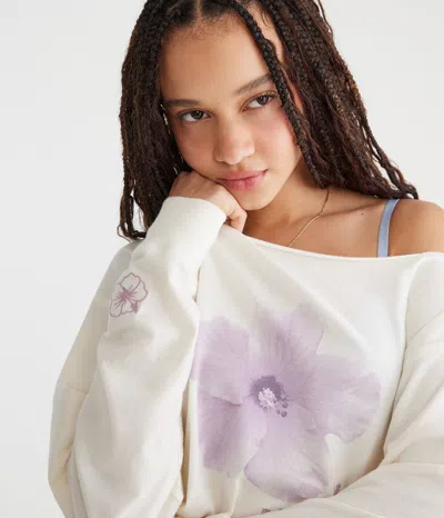 Aéropostale Long Sleeve Seriously Soft Hibiscus Off-the-shoulder Tee In White