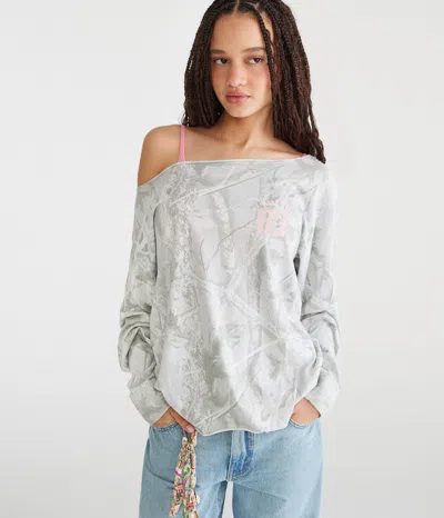 Aéropostale Long Sleeve Seriously Soft Nyc Camo Off-the-shoulder Tee In Blue