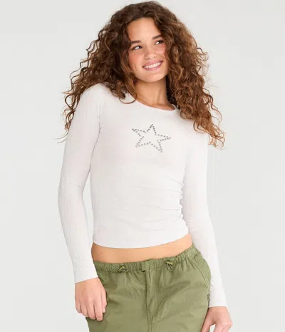 Aéropostale Long Sleeve Seriously Soft Star Studded Baby Tee In White
