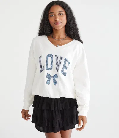 Aéropostale Love Oversized V-neck Crew Sweatshirt In White