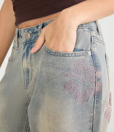 Aéropostale Low-rise Baggy Wide Leg Rhinestone Flower Jean In Multi