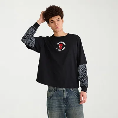 Aéropostale Mens Crew Neck Long Sleeve Spiderman Twofer Graphic T-shirt In Black