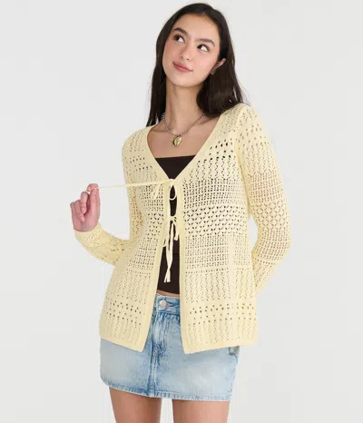 Aéropostale Open-knit Tie-front Cardigan In Yellow
