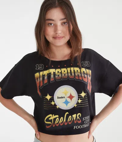 Aéropostale Pittsburgh Steelers Cropped Off-the-shoulder Graphic Tee In Black