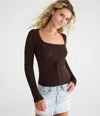 Aéropostale Pointelle Tie-front Square-neck Sweater In Brown