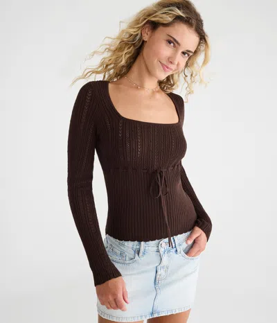 Aéropostale Pointelle Tie-front Square-neck Sweater In Brown