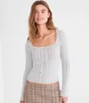 Aéropostale Pointelle Tie-front Square-neck Sweater In Burgundy