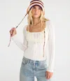 Aéropostale Pointelle Tie-front Square-neck Sweater In Neutral