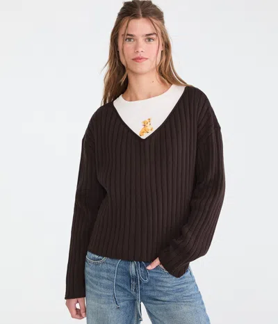 Aéropostale Ribbed V-neck Sweater In Black