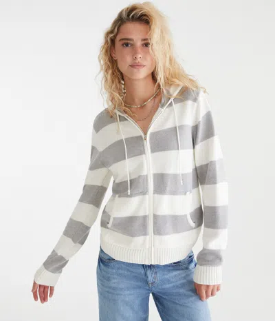 Aéropostale Rugby Stripe Full-zip Sweater Hoodie In Gray