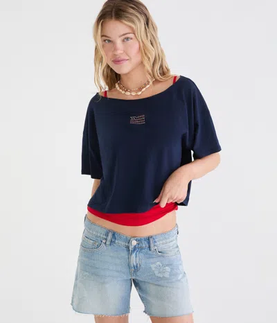 Aéropostale Seriously Soft American Flag Off-the-shoulder Boyfriend Graphic Tee In Blue