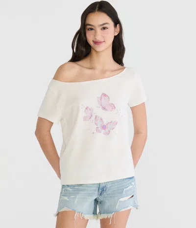 Aéropostale Seriously Soft Rhinestone Butterfly Off-the-shoulder Vintage Fit Tee In White