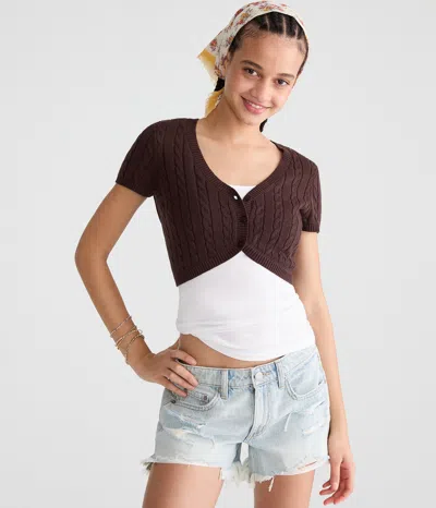 Aéropostale Short Sleeve Cable Knit Sweater Shrug In Brown