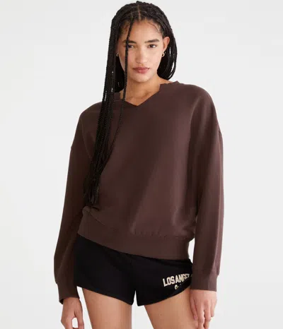 Aéropostale Solid Notch-neck Sweatshirt In Brown