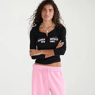 Aéropostale Womens Long Sleeve Regular Fit Henley Shirt In Black