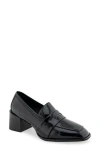 Aerosoles Womens Block Heel Leather Loafers In Black Patent Crinkled Faux